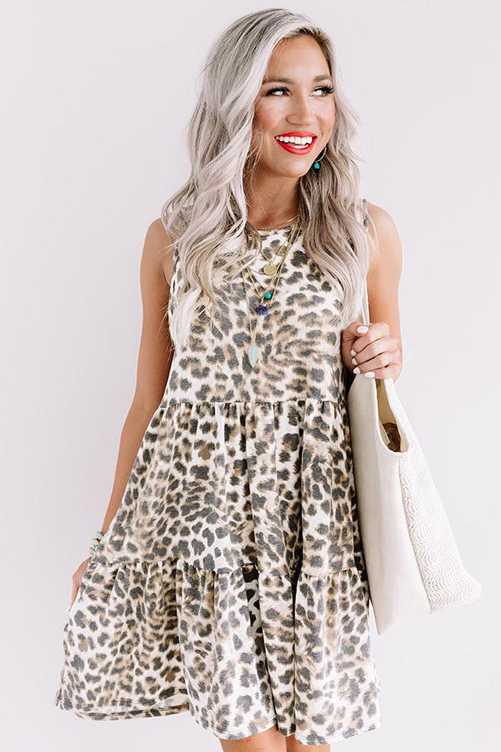 Leopard Print Layered Ruffled Sleeveless Mini Dress