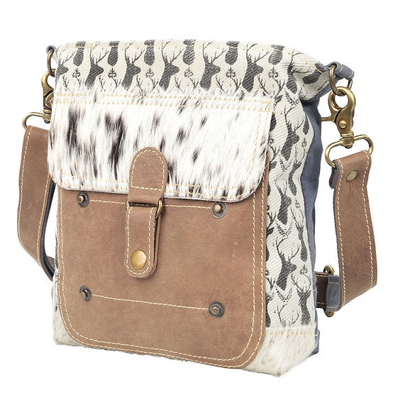Deer Print Canvas Shoulder Bag w/ Cowhide Pocket