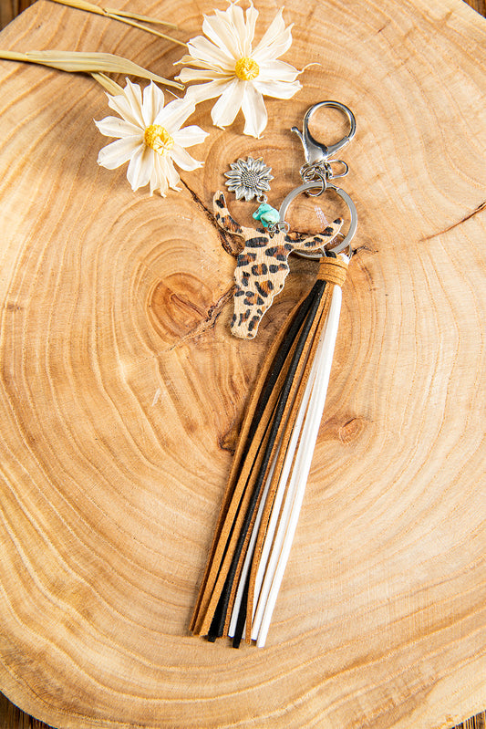 Leopard Steer Head Sunflower Tassel Vintage Keychain