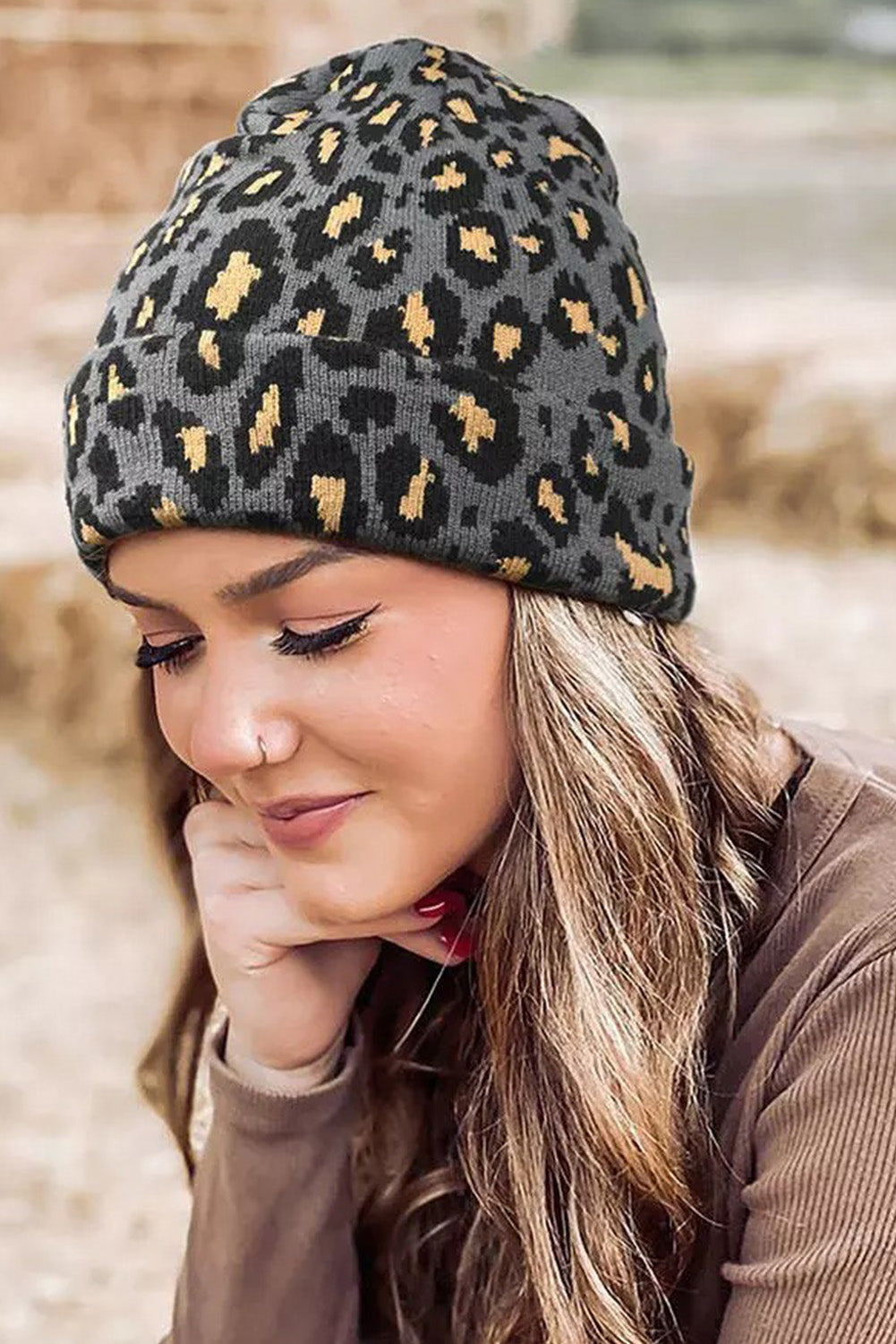Leopard Knitted Beanie Hat - Gray
