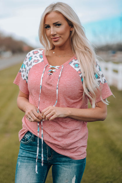 Pink Lace Up Leopard Top