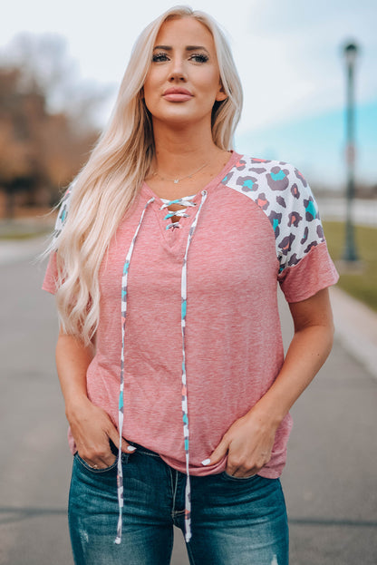 Pink Lace Up Leopard Top