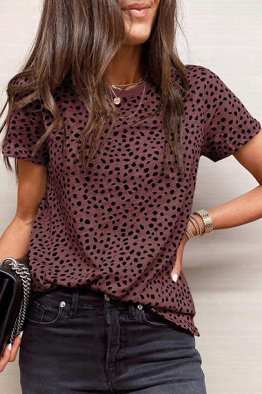 Red Apricot Cheetah Print O Neck Top