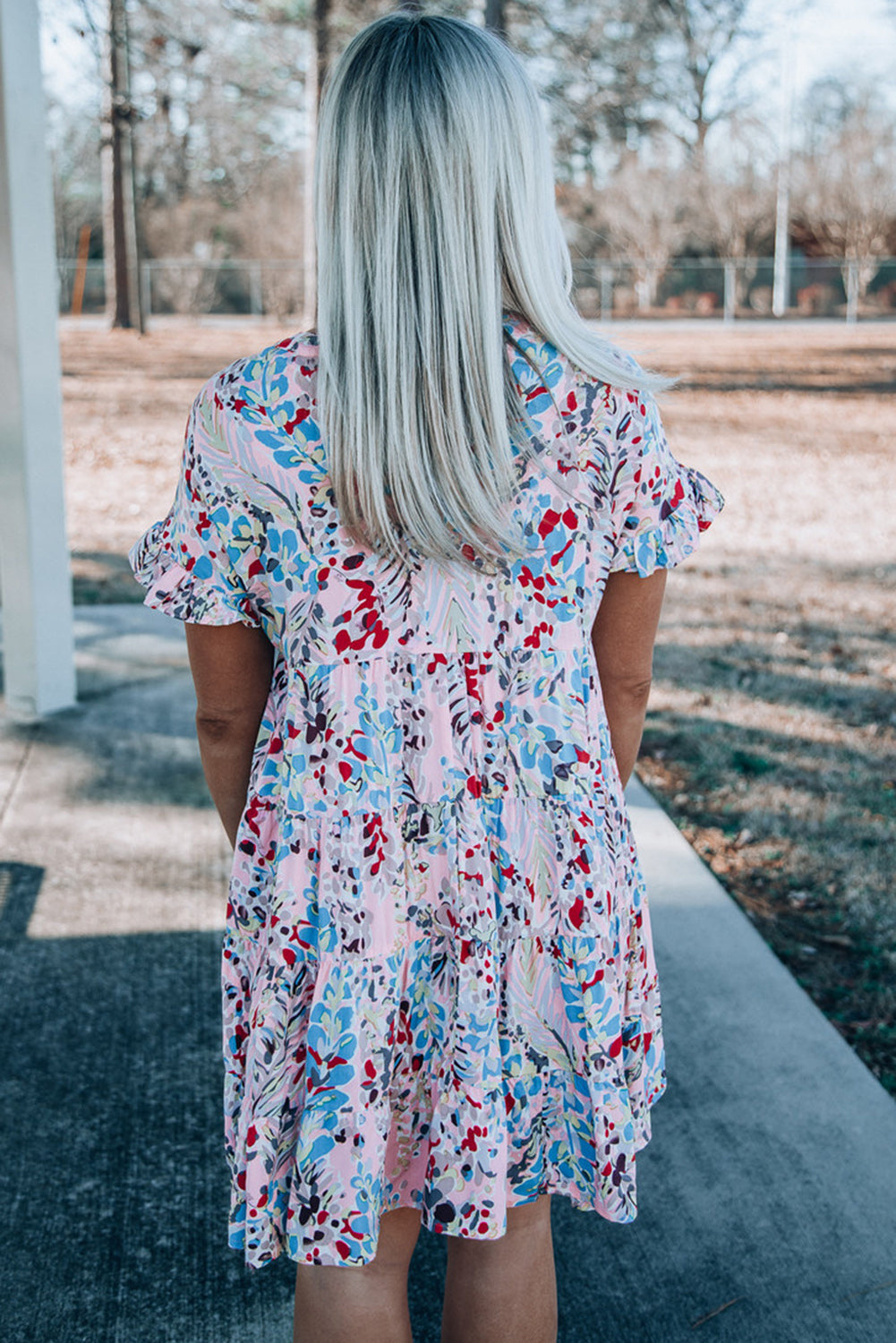 Pink Short Sleeve Floral Print Tiered Ruffle Dress