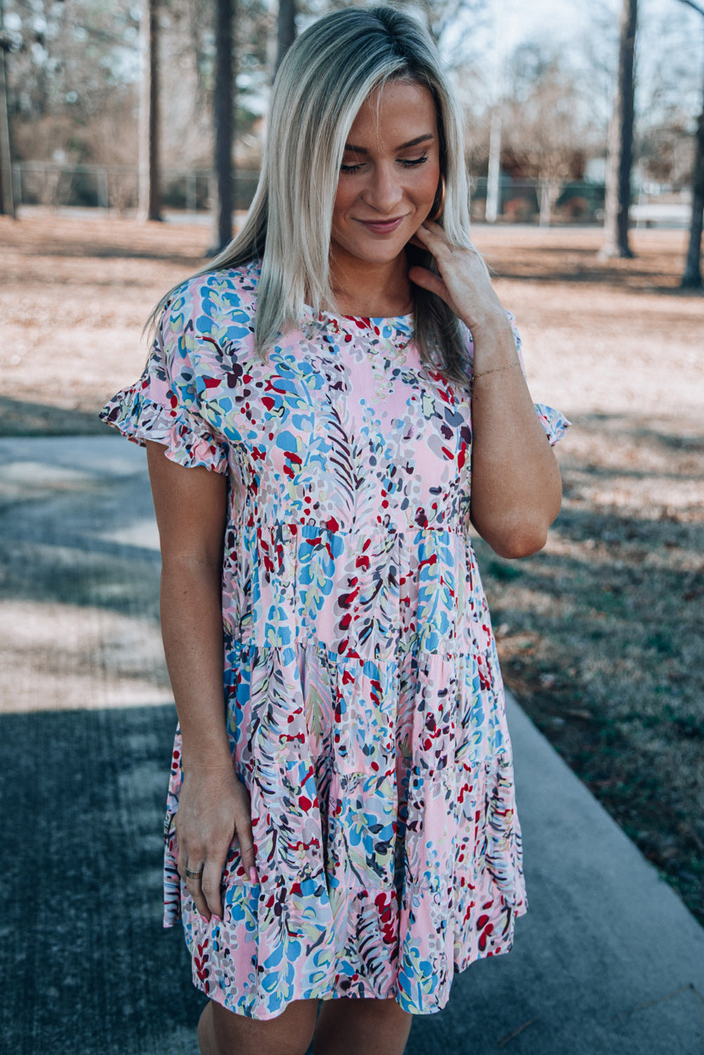 Pink Short Sleeve Floral Print Tiered Ruffle Dress