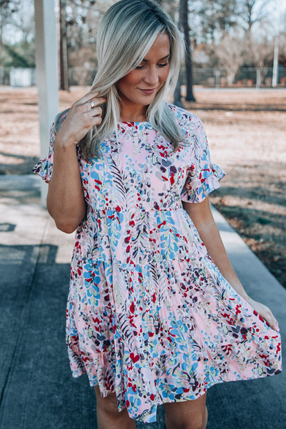 Pink Short Sleeve Floral Print Tiered Ruffle Dress
