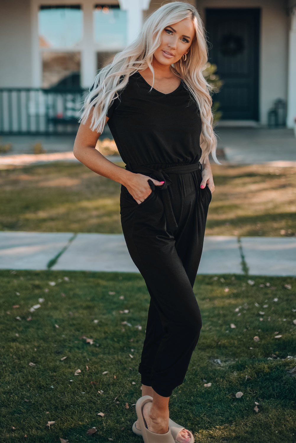 Black Short Sleeve Jogger Jumpsuit w/ Belt