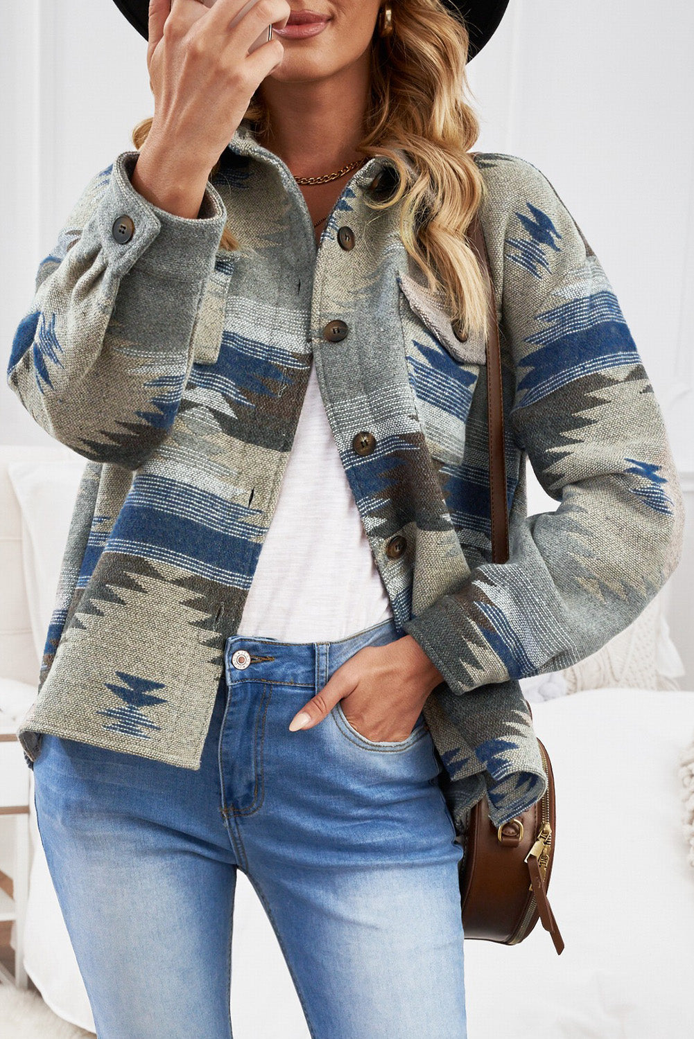 Blue Distressed Aztec Shacket – Goose Creek Boutique Printing Co