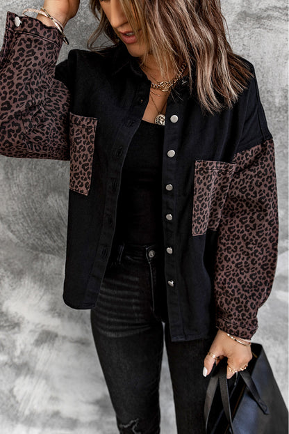 Black Contrast Leopard Denim Jacket