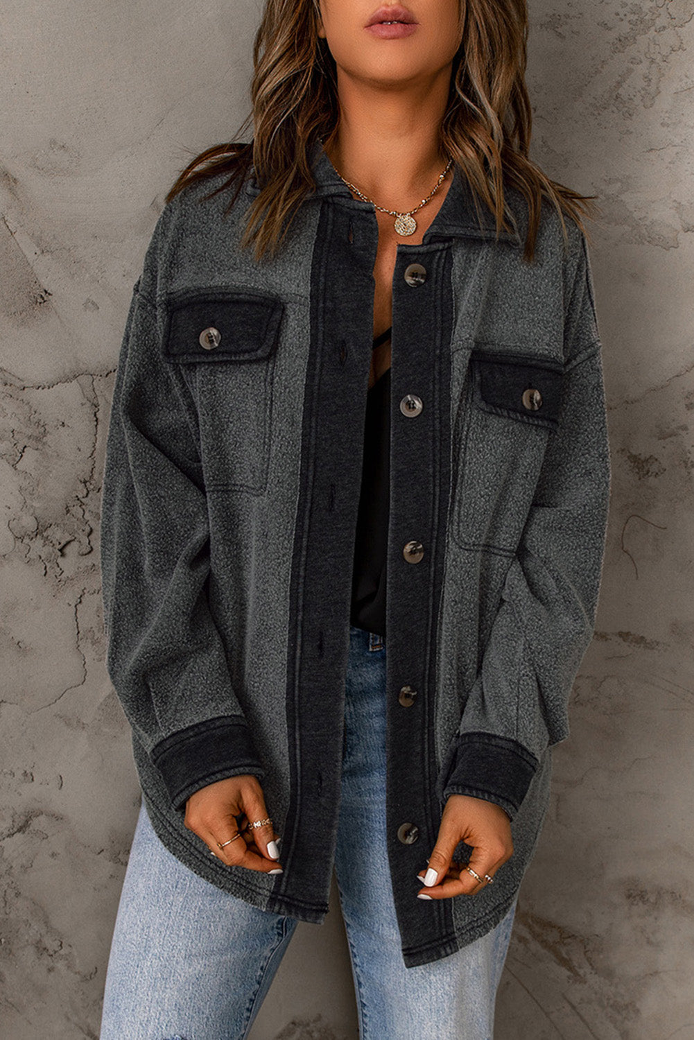 Gray Contrast Trim Buttoned Fleece Jacket