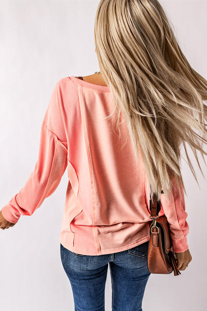 Pink Solid Color Patchwork Long Sleeve Top