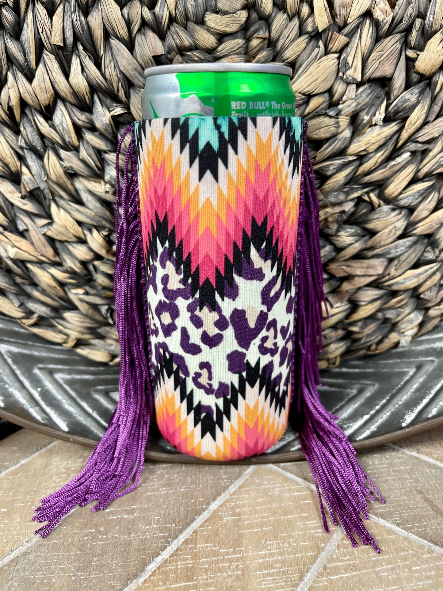 Fringe Koozie (Slim Can): Chevron Cheetah