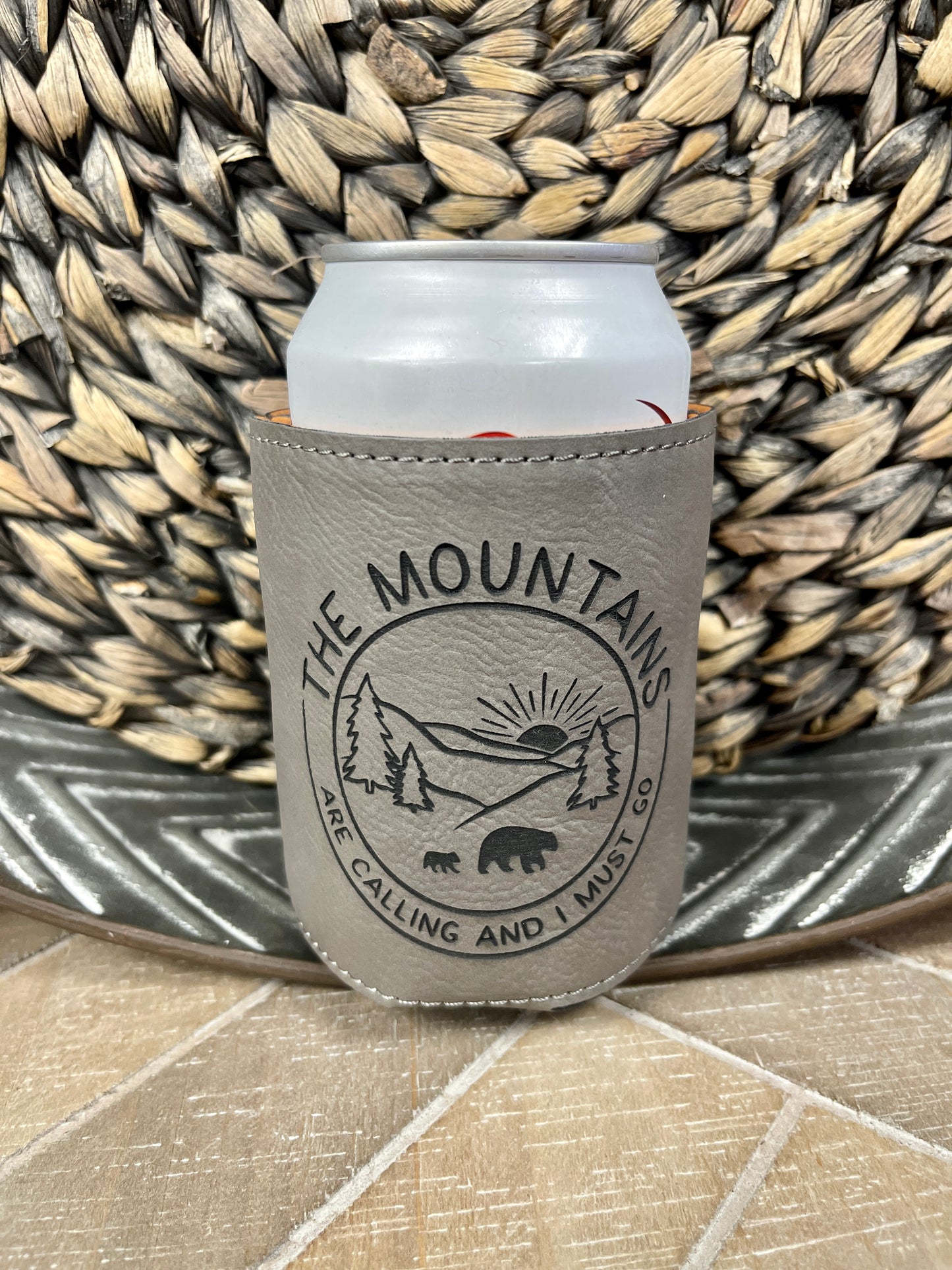 Leather Koozie (Regular Can): The Mountains are Calling