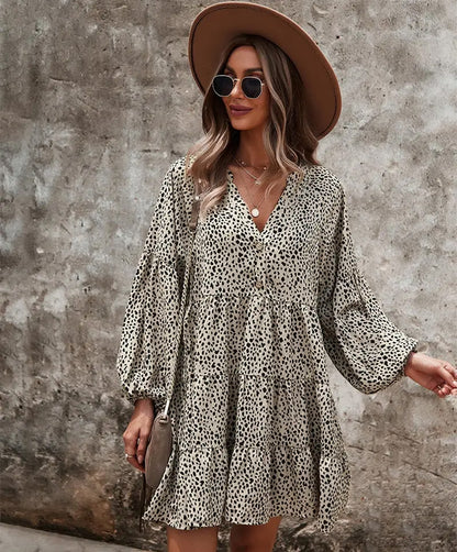 Women's Khaki Leopard Print Long Sleeve Dress