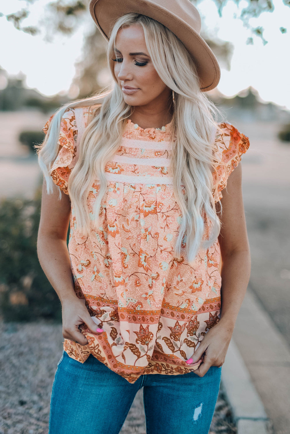 Orange Floral Print Ruffled Crew Neck Sleeveless Top